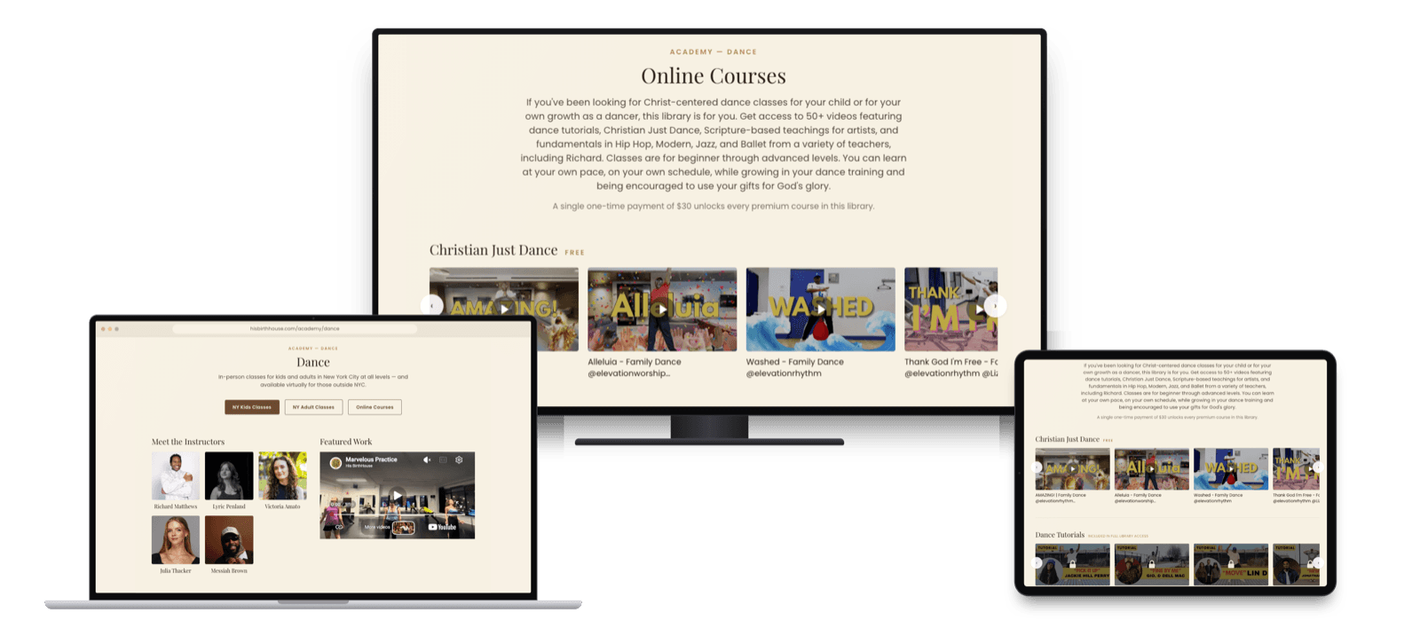 The Dance page and Online Courses across devices
