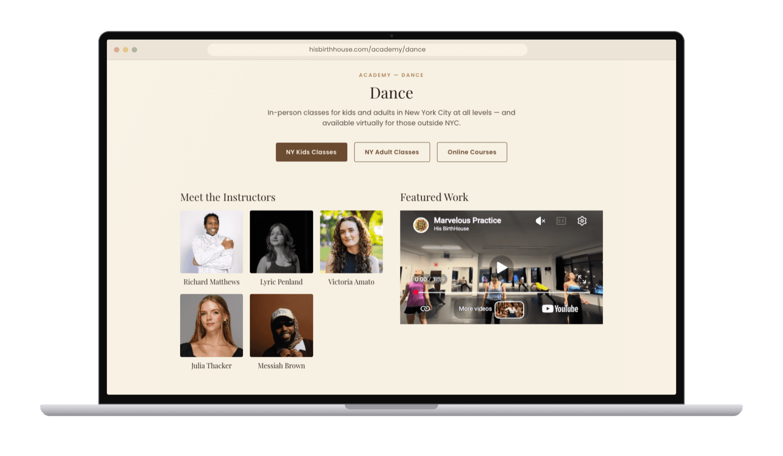 The Dance page on a laptop